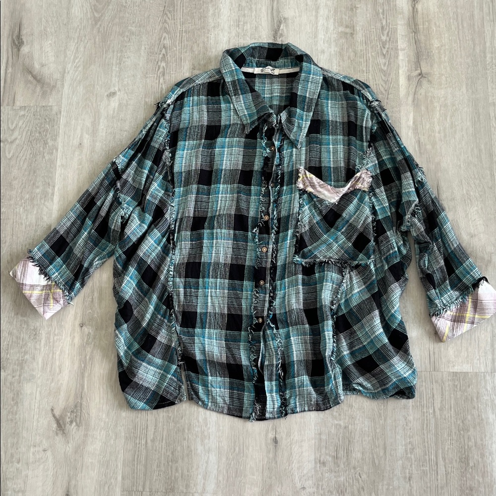 Free People Intimately Flannel Button Shirt Oversized Plaid Capri Pants Set S XS - Picture 2 of 16